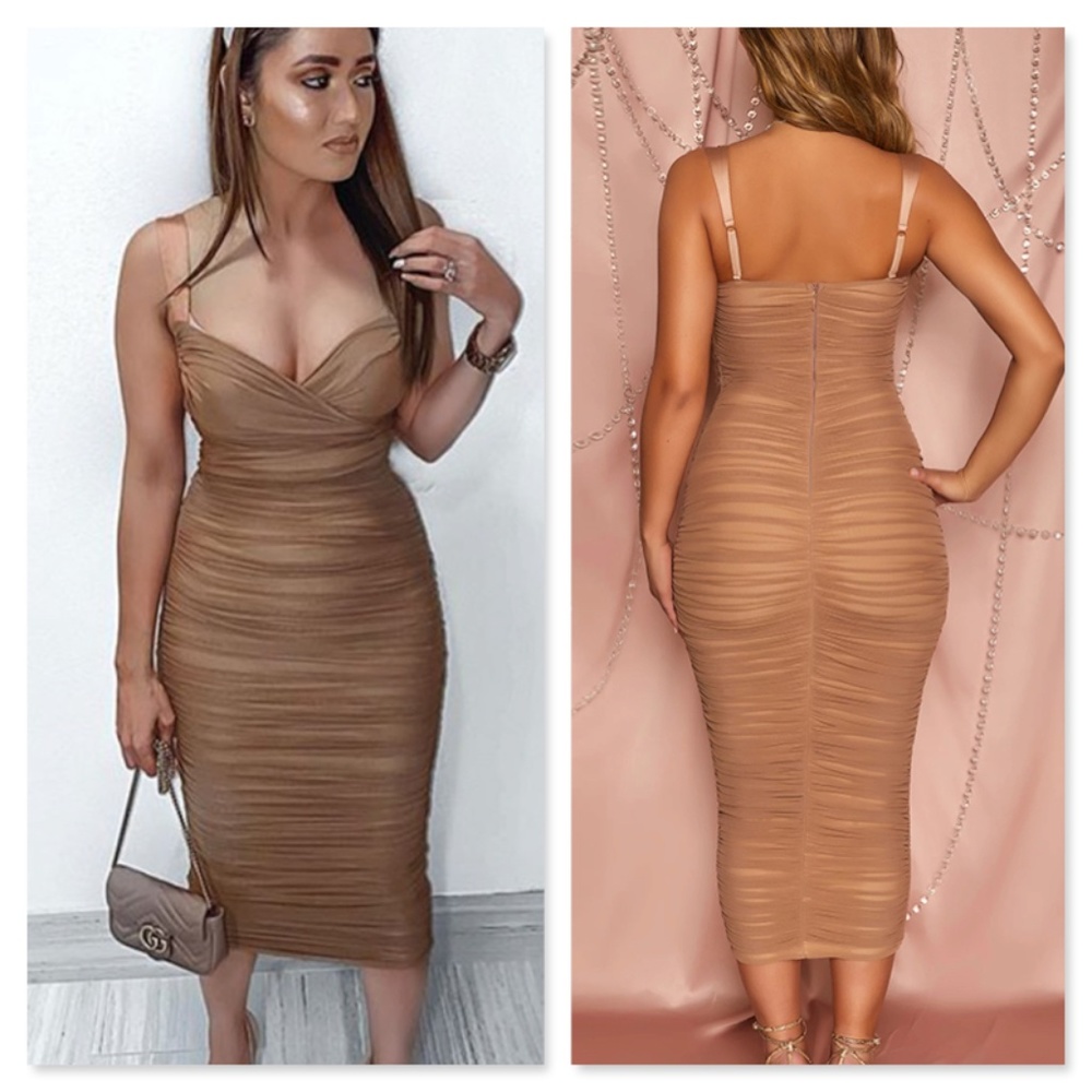 Mesh Ruched Tube V-Neck Dress - Picture 3 of 9